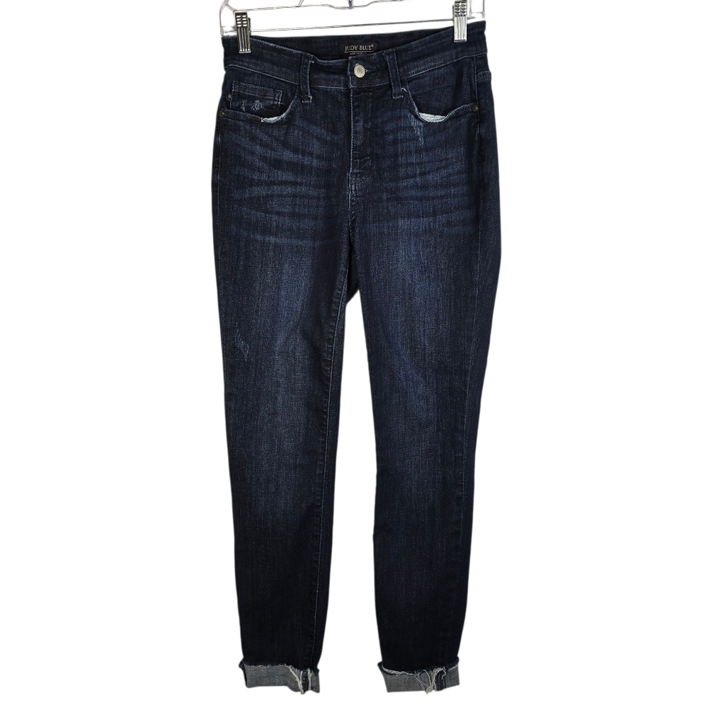 Judy Blue Women's Dark Blue Skinny Cuffed Raw Hem Jeans Distressed Size 5/27
